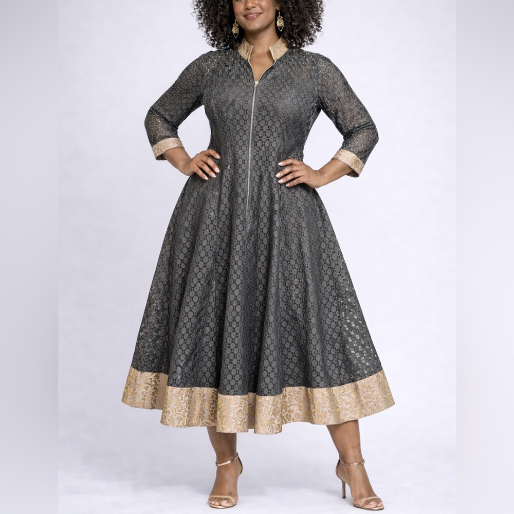 Gold & Charcoal Anarkali Lace Dress Sz L | Metallic Brocade Trim Kurta Gown
